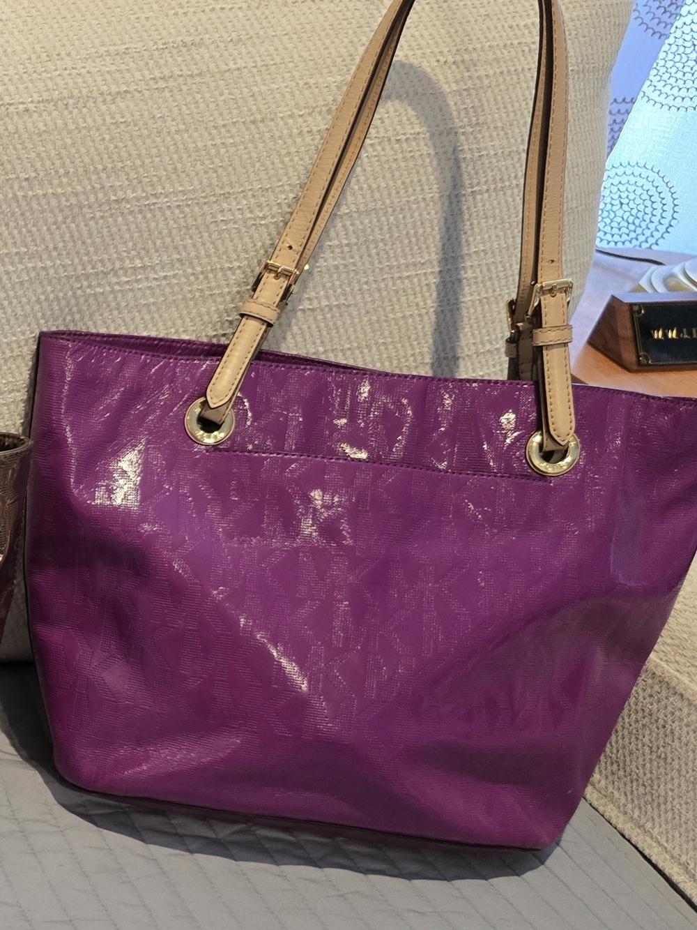 Michael Kors Purple Tote with Beige Straps